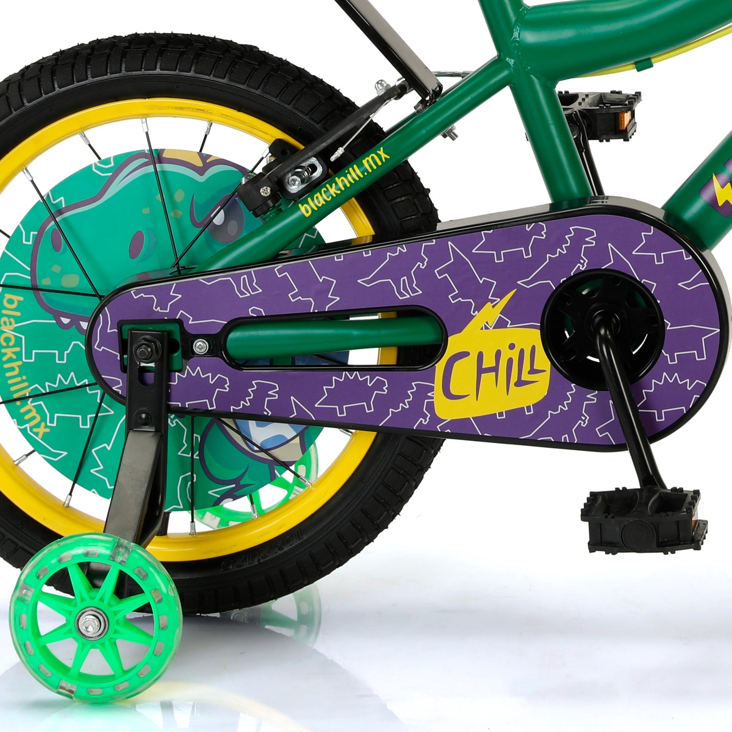 Bicicleta infantil Dinosaurex R16 Blackhill color verde/amarillo ruedas de entrenamiento LED.
