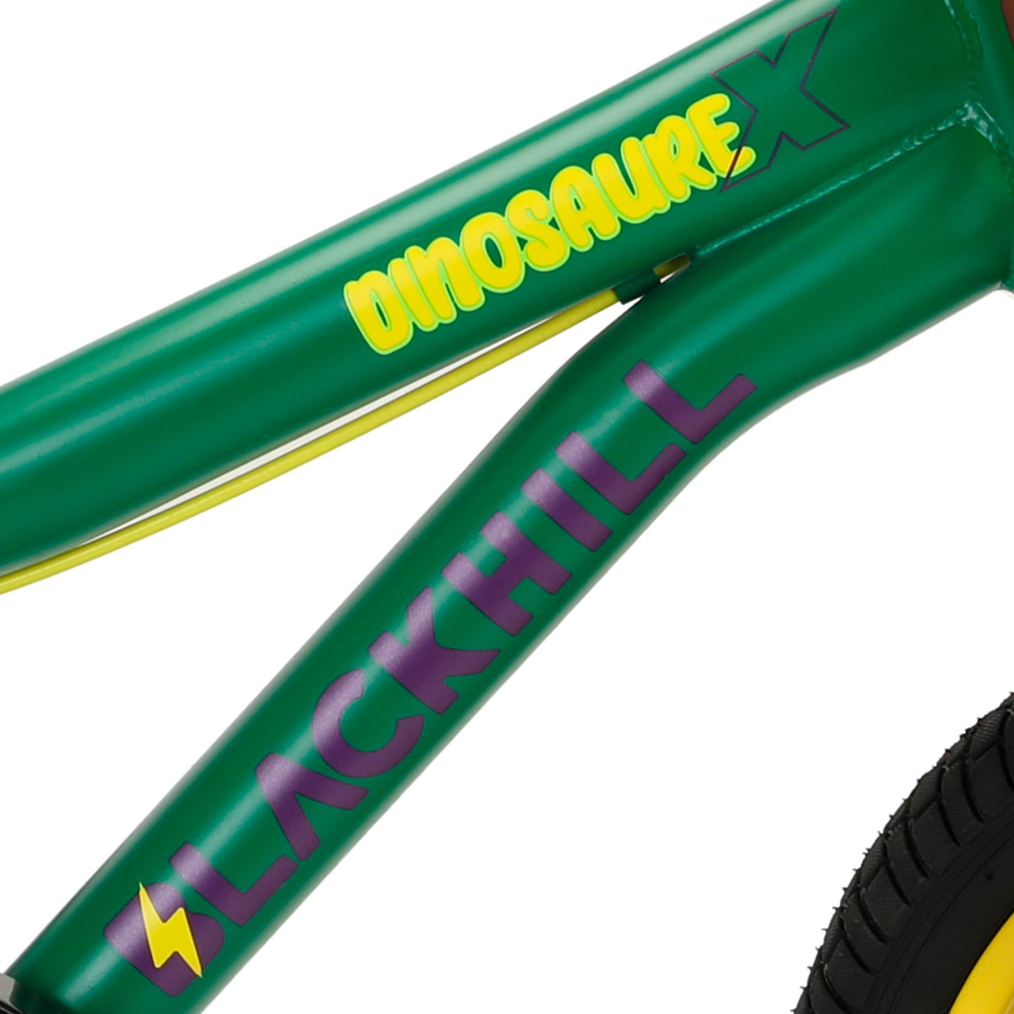 Bicicleta infantil Dinosaurex R16 Blackhill color verde/amarillo ruedas de entrenamiento LED.