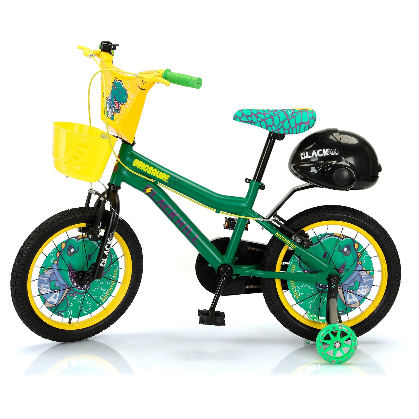 Bicicleta infantil Dinosaurex R16 Blackhill color verde/amarillo ruedas de entrenamiento LED.
