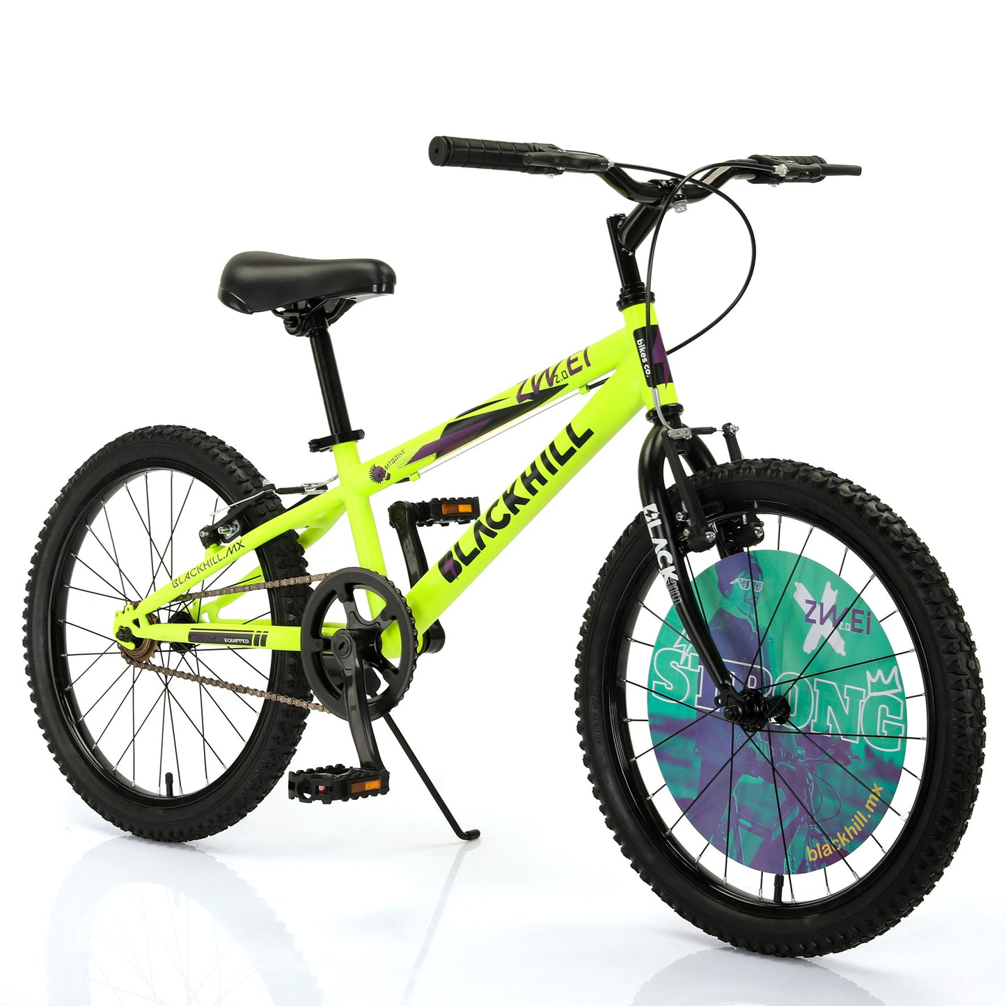 bicicleta infantil Blackhill Zwei R20 color verde fluorescente mate con pata estabilizadora