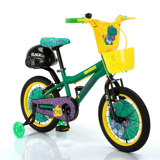 bicicleta de niño Blackhill Dinosaurex rodado 16 en verde y amarillo con diseño de dinosaurio y porta herramienta