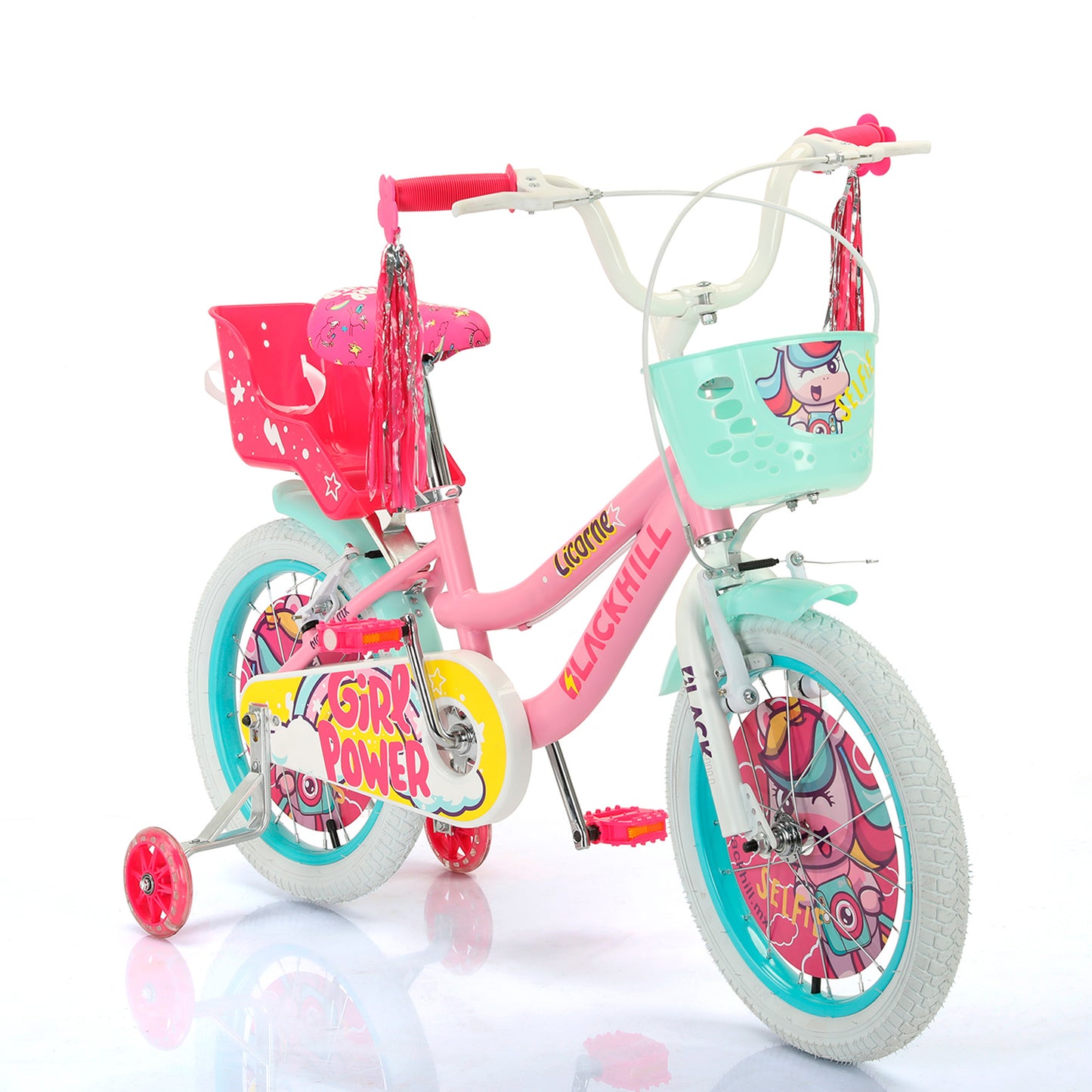 bicicleta de niña Blackhill Licorne rodado 16 color rosa pastel con diseño de unicornio